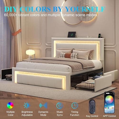 Full Bed Frame with Charging Station, Storage Drawers, Upholstered White | Platform Bed with LED Lights, PU Leather, Adjustable Headboard, Heavy Duty Metal Slats, No Box Spring Needed, Noise-Free thumbnail 6