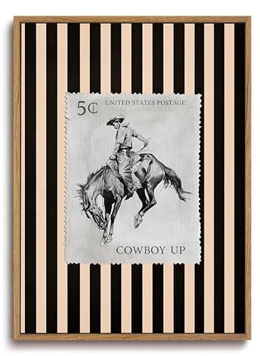 ZZLWBKGL Western Wall Decor Cowboy Canvas Art Vintage Framed Wall Art | Farmhouse Striped Artwork Retro Country West Stamp Picture Bucking Bronco Paintings for Living Room Bedroom 8x10in - Image 1