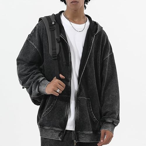 Pairxily Oversized Vintage Cotton Jacket Acid Wash Grunge Basic Zip Up Hoodie For Women Distressed Baggy Long Sleeve Tops thumbnail 4