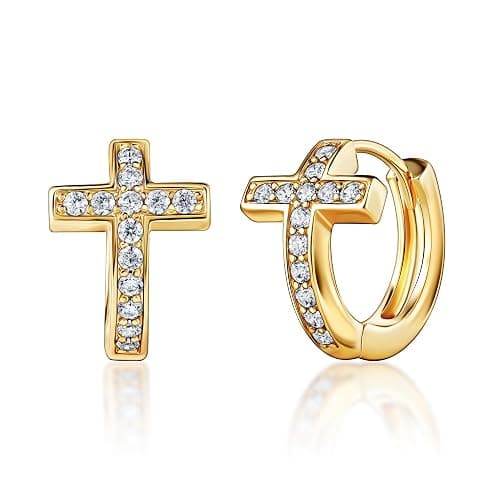 Barzel 18k Gold Plated Crystal Cross Huggies 0.5in length Earrings for Women - Made In Brazil - Image 1