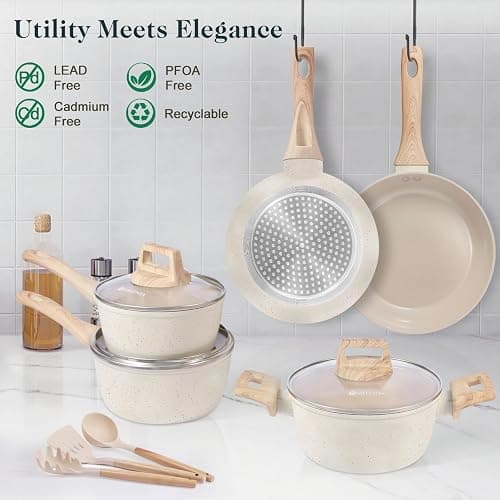 M MELENTA Pots and Pans Set Non Stick, 11 Piece Cream Ceramic Cookware Set | Compact Nonstick Kitchen Cooking Set, Induction Cookware, Non Toxic Cookware, PTFE, PFOA & PFAS Free, Beginner-Friendly thumbnail 5