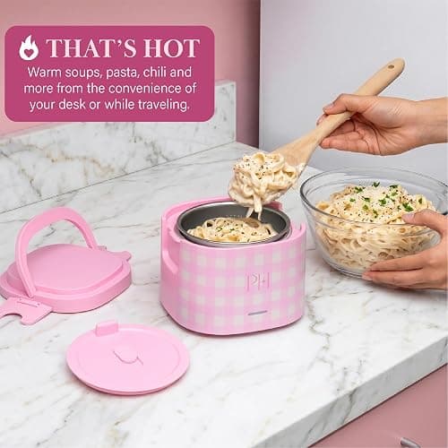 Paris Hilton Electric Lunch Warmer, 20-Ounce Stainless Steel Portable Food Container With Sealing Lid, Removable 2.5-Cup Inner Dish, Gingham Front Design, Pink thumbnail 6