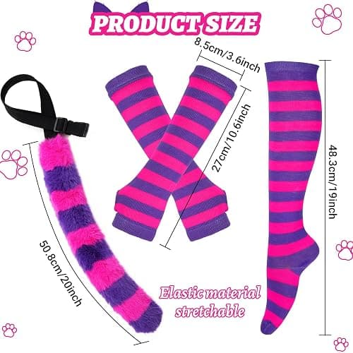 Matiniy Pink Purple Striped Cat Costume With Cat Ears,Furry Tail,Choker,Striped Socks Gloves for Women Halloween Dress up thumbnail 4