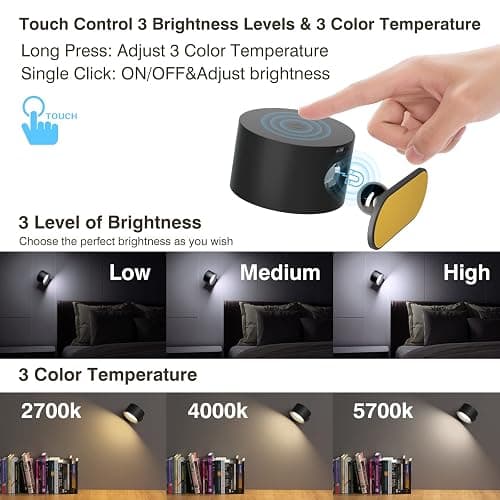 Coollamp LED Indoor Wall Lamp, Bedroom Wall Light with Warm/Natural/White Light, 3 Brightness Levels, Rechargeable Battery, Touch Control, 360 ° Rotate, Wall Lamp for Living Room Corridor Stairs thumbnail 2