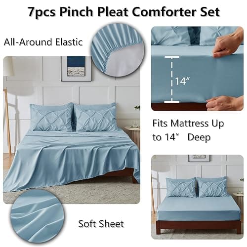 HIMEET Queen Comforter Set 7 Pieces Bed in A Bag Light Blue Luxury Soft Queen Size Bed Set Pintuck Pinch Pleat Bedding Sets with Comforter, Flat Sheet, Fitted Sheet and Pillowcases & Shams thumbnail 6
