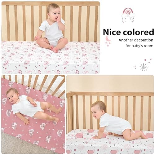 FIEMOL Baby Crib Sheets Girl, 3 Pack Toddler Bed Sheets Fitted for 52”x28” Standard Crib and Toddler Mattresses, Super Soft Microfiber Pink Rainbow thumbnail 6