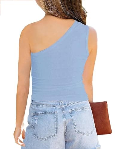 Peacameo Girl's One Shoulder Tank Top Cute Ribbed Sleeveless Tops Basic Cami Shirts - Sky Blue - 11 Years thumbnail 2
