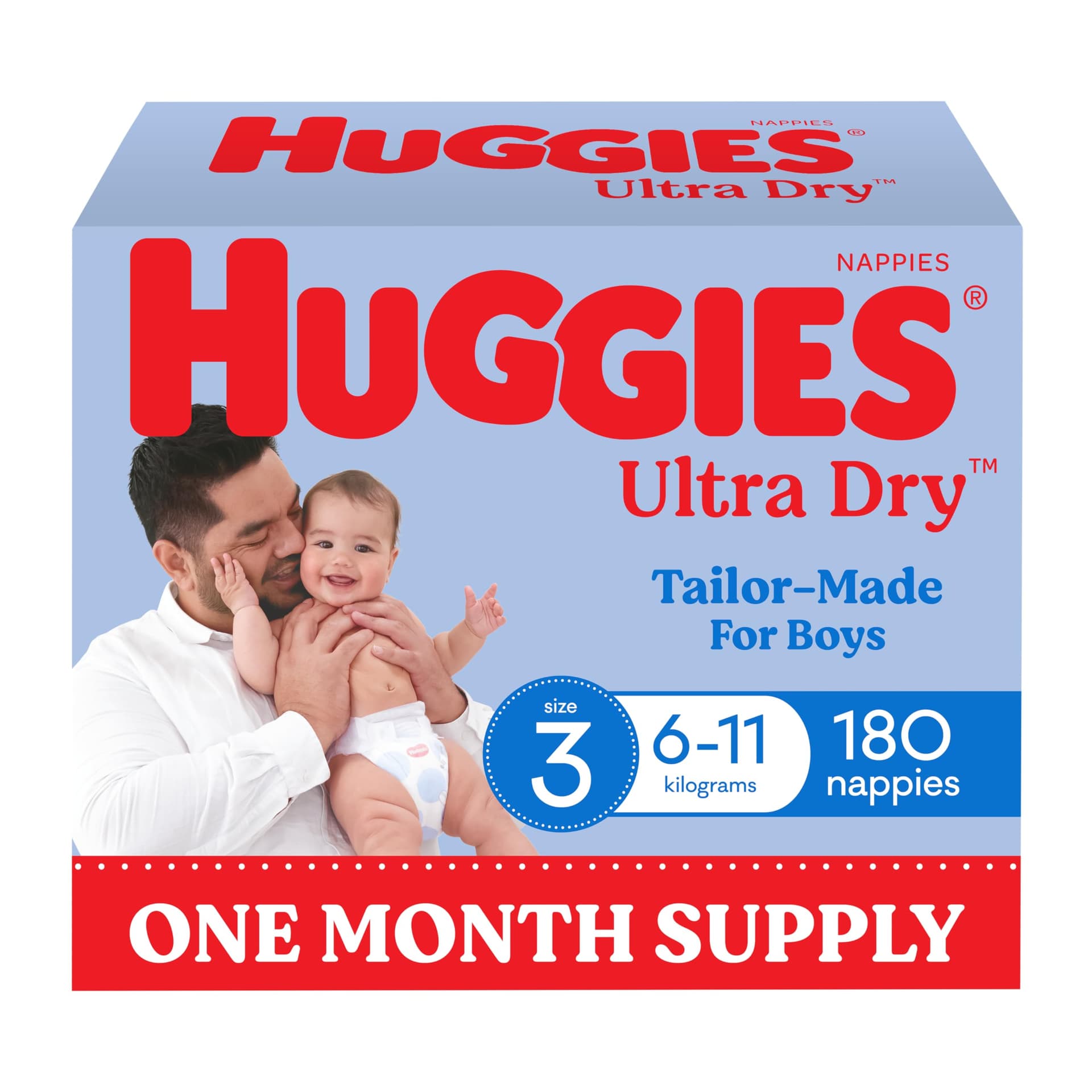 Huggies Ultra Dry Nappies Boys Size 3 (6-11kg) 180 Count - One Month Supply (Packaging May Vary) - Size 3 - Image 1