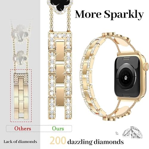 MOINSPIRE Gold Bling Diamond Clover Bands for Women Compatible with Apple Watch 40mm 38mm 41mm 42mm(S10/11) Lucky Cute Sparkle Dressy Bracelet Metal Strap for iWatch Series 11/10/9/8/7/6/5/4/SE 3/2/1 thumbnail 3