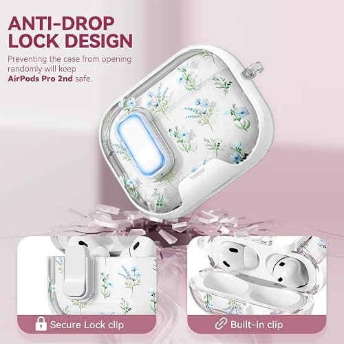 Skyconser with Safety Lock for Apple AirPods Pro 2nd 1st Case,Clear Floral Cute AirPods Pro 2 Case with Phone Stand & Cleaning Kit for Women Girly-Blue Narcissus thumbnail 3
