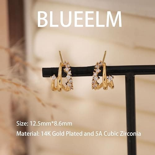 BLUEELM Gold Stud Earrings for Women, Dainty Triple Huggie Earrings 14K Gold Plated Small Hoop Earrings for Women Trendy Cute Hypoallergenic Stud Earrings Unique Double Hoops Waterproof Gold Jewelry thumbnail 3