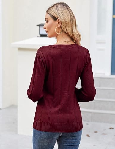 GRACE KARIN Women's Long Lantern Sleeve Crew Neck Crochet Top Hollow Out Fall Pullover Sweater thumbnail 5