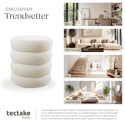 tectake® Hocker mit Stauraum, Scandi Sitzhocker Bouclé Teddy Stoff, Pouf, Polsterhocker rund für Schminktisch, Wohnzimmer Möbel, als Flur Möbel, Stauhocker Wohnen, Ø 42 x 47 cm - Bouclé Creme-weiß thumbnail 7