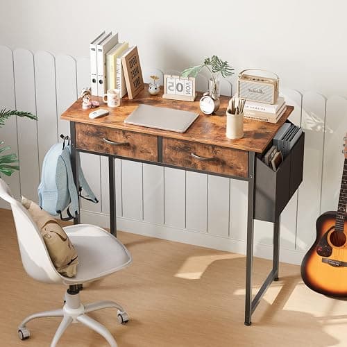 DUMOS 32" Home Office Computer Desk with Drawers, Small Gaming Writing Study Table with Storage Side Bag, Headphone Hook and Adjustable Feet for Bedroom Rustic Brown thumbnail 4