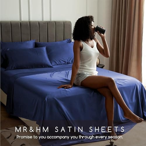 MR&HM Satin Sheets Queen Size with Elastic Corner Straps, Navy Blue | Similar to Silk, 4-Piece Silky Soft Bed Sheet Set, Gentle on Skin and Hair, 15" Deep Pocket, Cooling & Breathable thumbnail 6