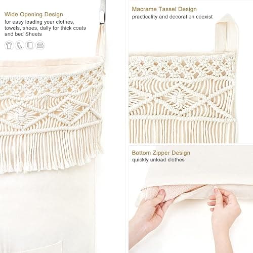 Mkono Macrame Hanging Laundry Hamper Bag Over The Door Organizer Laundry Bag Boho Decor Hanging Clothes Hamper for College Dorm Room Bathroom Home Travel Space Saving thumbnail 4
