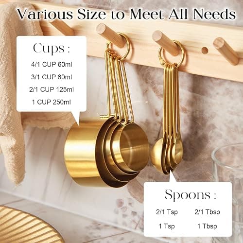 Golden 304 Stainless Steel Measuring Cups and Spoons Set,8PCS Stackable & Long Handle Fits Narrow Jars, Premium Gold Kitchen Accessories for Liquid & Dry Ingredients Baking Cooking, Durable&Rust-Proof thumbnail 3