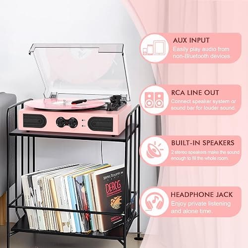 Vinyl Record Player with Built-in Speakers 3-Speed Vintage Record Player Support Treble& Bass Control, 3.5mm Headphone Jack, RCA-Out/Aux in, Belt-Driven LP Turntable,Pink thumbnail 9
