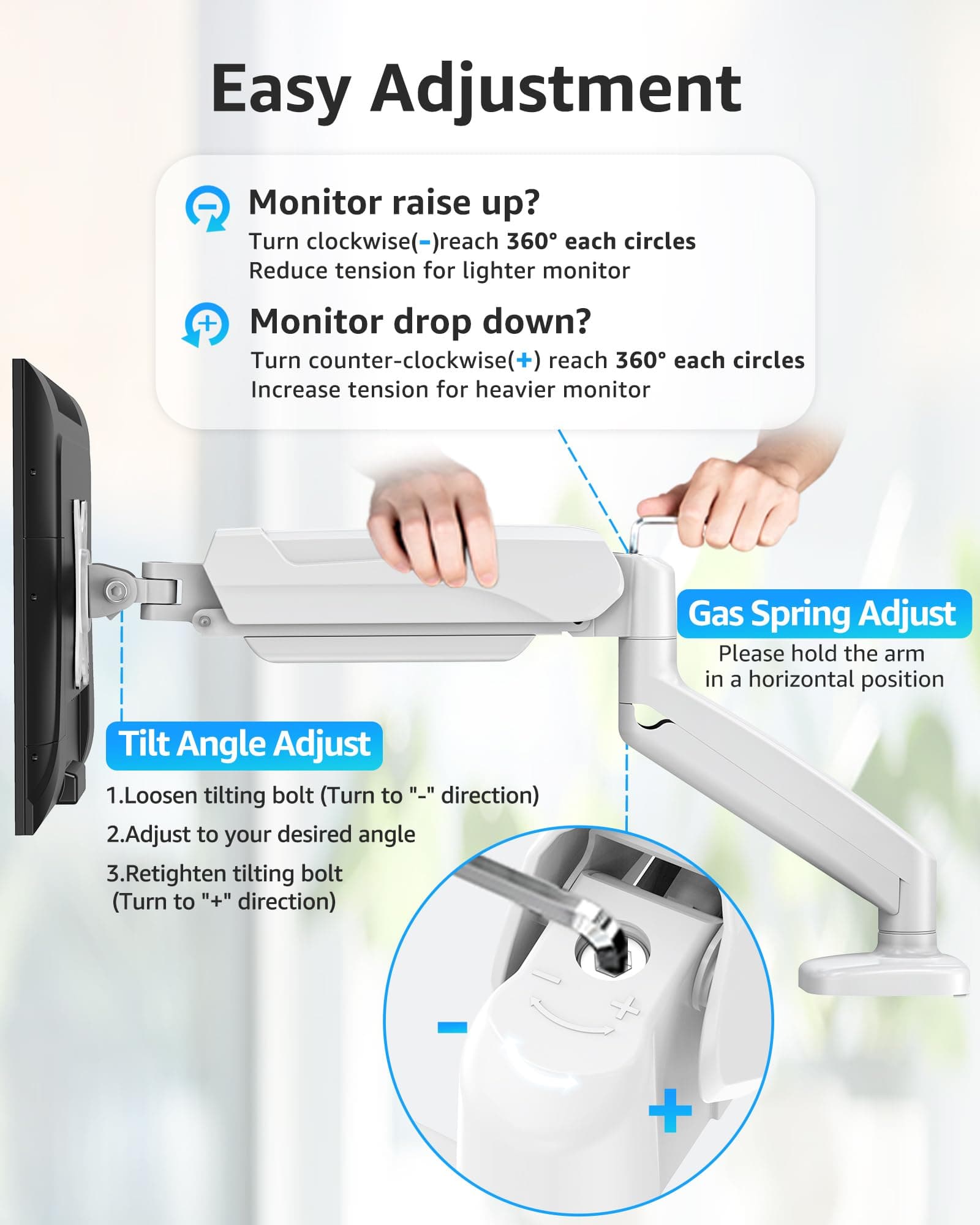 MOUNTUP Single Monitor Desk Mount Holds Screen up to 32 inch, Height Adjustable Monitor Arm, Computer Monitors Stand with Clamp/Grommet Mounting Base, VESA Mounts Fit 4.4-17.6lbs Computer, White thumbnail 2