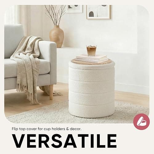 CAIPINFUL 14.5" Round Storage Ottoman,Boucle Sherpa Ottoman with Tray, Faux Teddy Foot Rest Coffee Table for Bedroom Dorm Living Room,White thumbnail 8