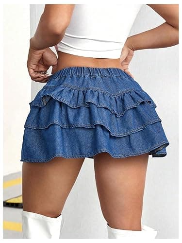 BEAUDRM Women's Y2K Solid Ruffle Denim Skirt Drop Low Waist A Line Jean Skirt Casual Tiered Layer Hem Tiered Mini Skirt thumbnail 2