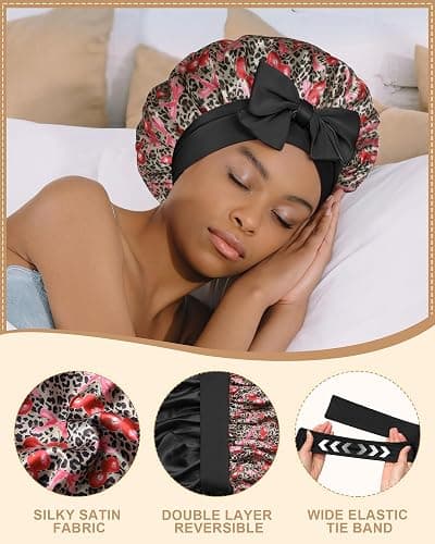 AWAYTR Double Layer Satin Bonnet for Women, Reversible Sleep Hair Wrap | Soft Satin Sleep Cap for Curly Hair, Anti-Frizz & Moisture Retention, Secure Elastic Tie Band for Daily Night Care thumbnail 6