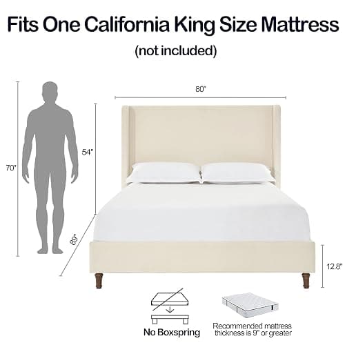 NTYUNRR California King Size Upholstered Bed Frame, 54" Tall Headboard Wingback Platform Bed Frames, Elegant Simplicity/Strong Wood Slats Support/No Box Spring Needed/No Noise, Beige Boucle thumbnail 2