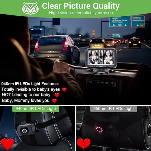 Baby Car Camera HD 1080P: Baby Car Mirror 5 Mins Easy Install for Car Seat | Crystal Night Vision Infant Travel Safety Kit Rohent N06, Black, 4.3 Inch Screen thumbnail 2