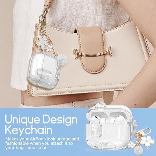 Skyconser for AirPods Pro 3 Case 2025 with Safety Lock,Glitter White | Clear Case with Phone Stand & Cleaner Kit,Cute Floral Chain for Women Girls,Soft TPU Protective Cover,Shockproof - Image 1