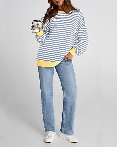 BTFBM Oversized Sweatshirt For Women 2026 Fall | Striped Long Sleeve Shirt, Crewneck Sweatshirts, Casual Loose Pullover, Workout Tops, Y2K Clothes, Sport, Vacation Outfits thumbnail 8