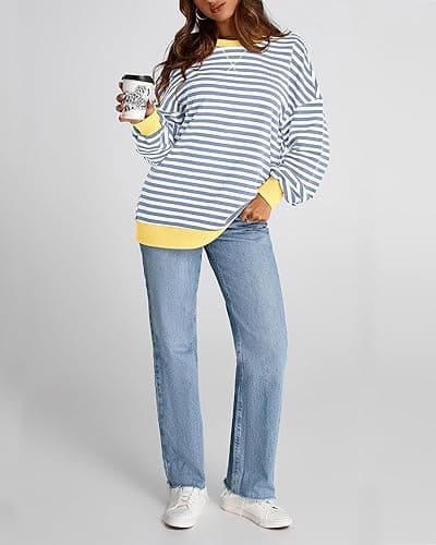 BTFBM Womens Oversized Striped Sweatshirt Crewneck Long Sleeve Pullover Top Casual Y2K Fall Clothes 2025 Workout Shirt - Blue Beige White - Medium thumbnail 8