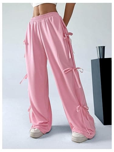 Verdusa Women's Baggy Sweatpants Elastic Waist Casual Bow Wide Leg Pants with Pocket Y2K Going Out Travel Pants thumbnail 4