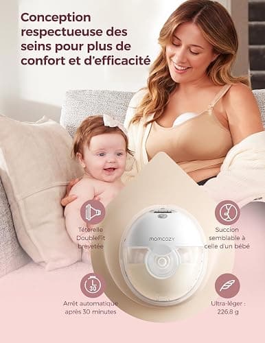 Momcozy M5 Smart Tire-lait Électrique Main Libre, Tire-lait Portable Contrôlé par Application, Pompe Électrique Sans Fil, 3 Modes 9 Niveaux d’Aspiration, Téterelle 24 mm(Gris, 2 Pièces) thumbnail 4