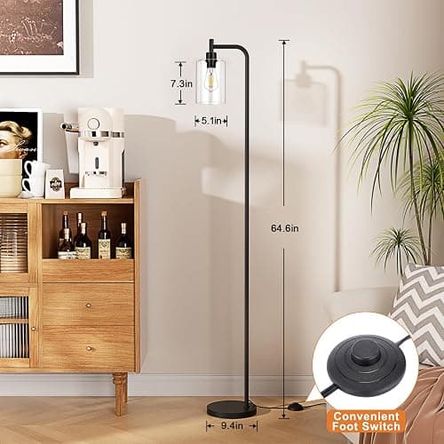Ziisee Industrial Floor Lamp with Glass Shade - Black, LED Bulbs, Foot Pedal Switch, Easy Assembly thumbnail 6