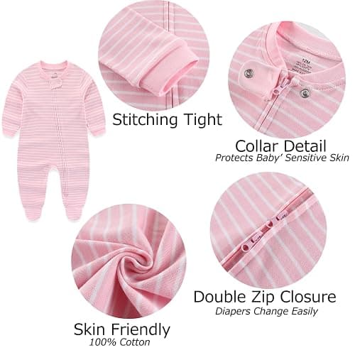 MAMIMAKA Newborn Baby Boy Girls Clothes 2-Way Zip Footed Cotton Bodysuit 3-Pack Long Sleeve Outfits 0-12Months Baby Pajamas - 9-12 Months - Stars + Solid Color + Stripes Pink thumbnail 3