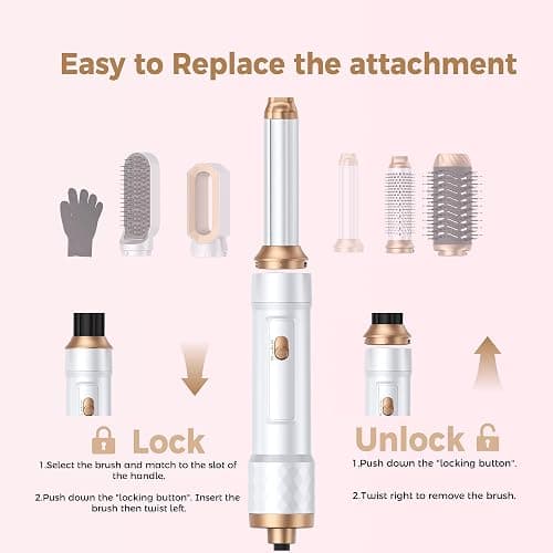 6 in 1 Air Styler Magic Hair Dryer Brush, Negative Ionic Blow Dryer Brush & 3 Heat Settings, Detachable Auto Curling & Straightening Volumizing, Frizz-Free Styling, Salon to Home Use (White-Pink) thumbnail 10
