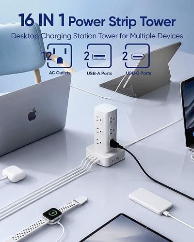 Power Strip Tower Surge Protector(2000J), Flat Plug Charging Station Tower with 12 AC Outlets & 4 USB Ports(2 USB C), 6FT Extension Cord for Home Office Dorm, White thumbnail 3