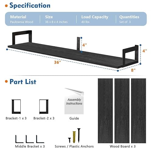 Harwaya Large Floating Book Shelves for Wall Set of 3, 36 Inch Long Wall Mount Bookshelf for Bedroom, Heavy Duty Wood Hanging Bookshelves for Books, Laundry Living Room Classroom Library -Black thumbnail 3