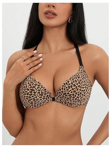 GORGLITTER Women's Leopard Print Front Fastening Bras Underwire Push Up Halter Neck Medium Support Sexy Bra thumbnail 4