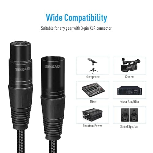 SONICAKE XLR Microphone Cable 2m/6ft Male to Female 3 Pin Nylon Braided for Studio Recording, Mic Mixer and Live Production, Black thumbnail 4