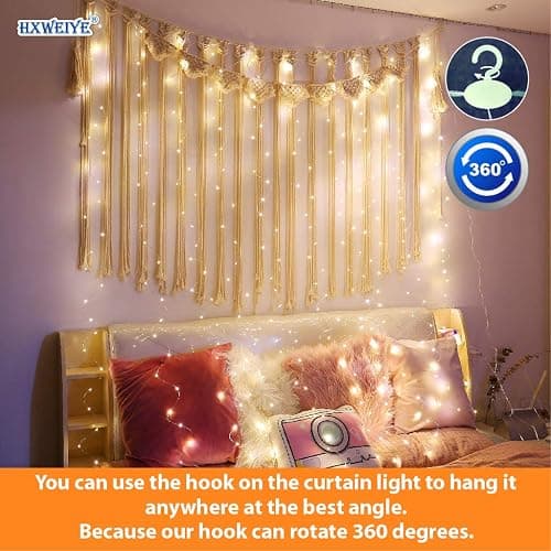 HXWEIYE 300LED Fairy Curtain Lights, 9.8x9.8Ft USB, Remote & 8 Modes | Timer, Dimmable, String Lights for Bedroom Indoor Outdoor Weddings Parties and Decorations, Warm White thumbnail 2