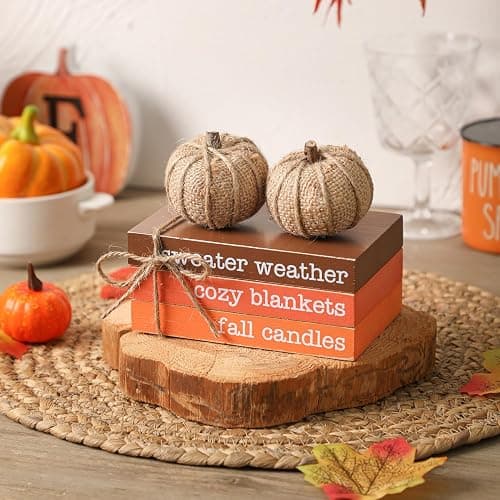 Fall Tiered Tray Decor, Wood Book Stack with Maple Leaves & Pumpkins | Farmhouse Mini Decorative Books Bundle, Fall Decor for Table, Thandkgiving Wood Table decor thumbnail 4