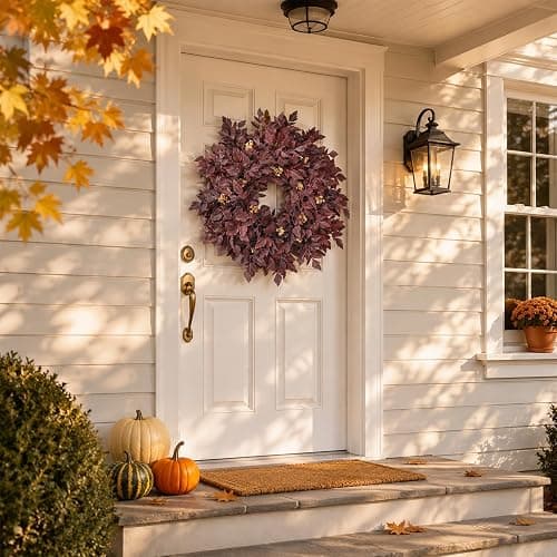 26" Artificial Cimicifuga Fall Wreath for Halloween Front Door(Dark Purple) | Realistic Large Fake Cimicifuga Leaf,Lush Faux Halloween Wreath,for Window Front Porch Outdoor Farmhouse Autumn Home Decor thumbnail 9