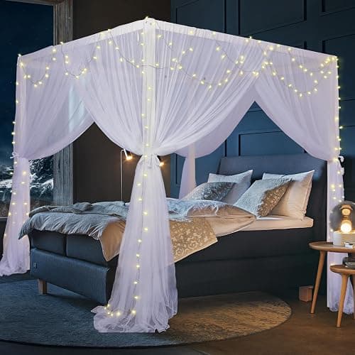 South To East White Canopy Bed Curtains, 4 Corner Post Queen King Bed Canopy for Girls & Adults, Top Luxurious Bed Drapes for Bedroom Decoration, 4 Openings, 100% Ripstop Polyester, Easy Install thumbnail 5