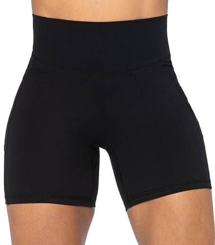 Sunzel No Front Seam Biker Shorts for Women with Pockets, Yoga Workout Gym Bike Shorts with Tummy Control - 5" Inseam - Medium - Black thumbnail 2