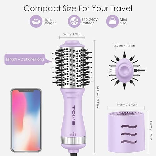 Travel Hair Dryer Brush, Dual Voltage Blow Dryer Brush, Mini Hot Air Portable 2 inch Travel Hair Dryer Styler Volumizer Oval Shape (Purple) thumbnail 5