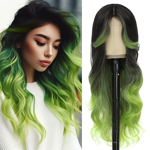 iluadme Black And Green Wig Highlight Sythetic Long Wavy Wig 26" Skunk Stripe Wigs For Women Daily Party Used Middle Part Cosplay（#OTgreen） - Image 1