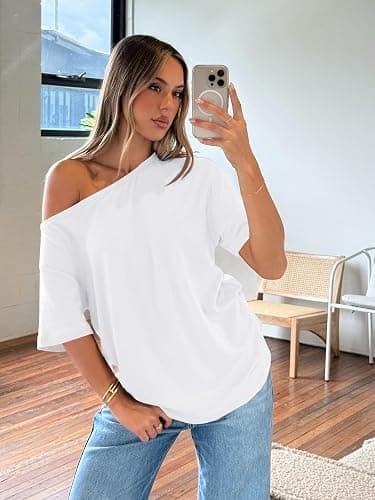 Trendy Queen Womens Off The Shoulder Tops Oversized T-Shirts Short Sleeve Tees Summer 2025 Casual Spring Fashion Clothes thumbnail 3