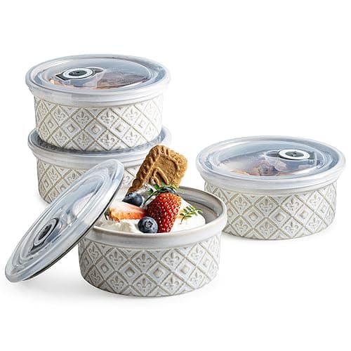 MISSYSSIM 12 oz Souffle Ramekins Oven Safe with Lids, Small Creme Brulee Dishes, Ceramic Custard Cups Baking Bowls for Dessert, Dipping Sauce, Pudding, Set of 4, Beige - Image 1