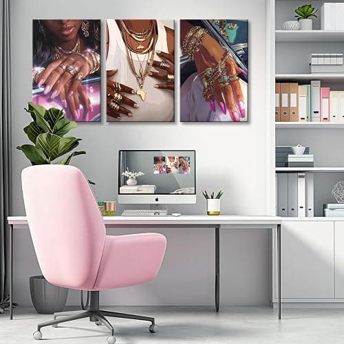 NCYEL 3Pcs Black Girls Wall Art African American Fashion Canvas Print Luxury Shiny Picture Gold Jewelry Decorative Prints Posters Bedroom Living Room Salon Artwork 12X16Inch thumbnail 4